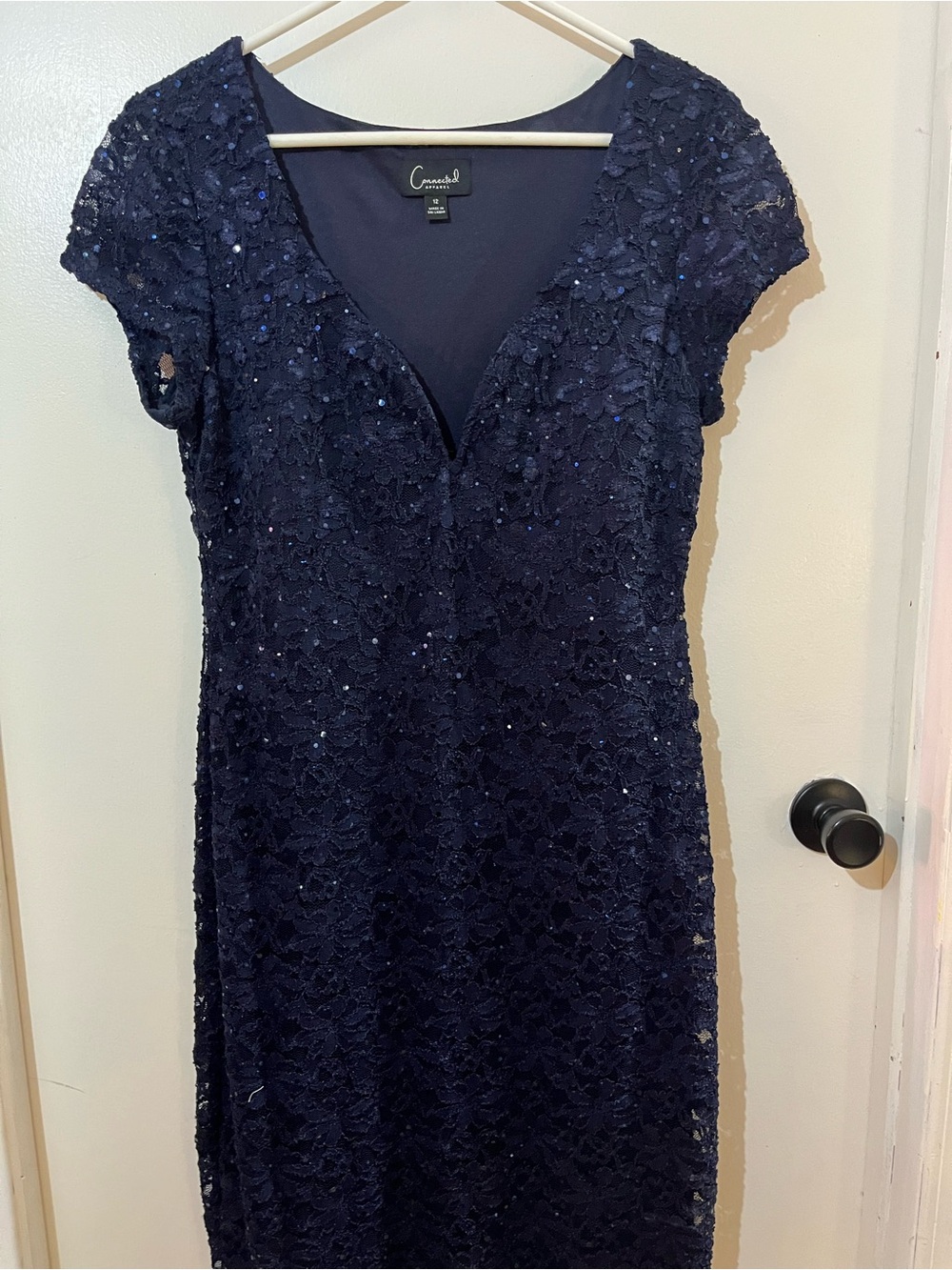 Connected Apparel Navy Lace Sequin Midi Dress
